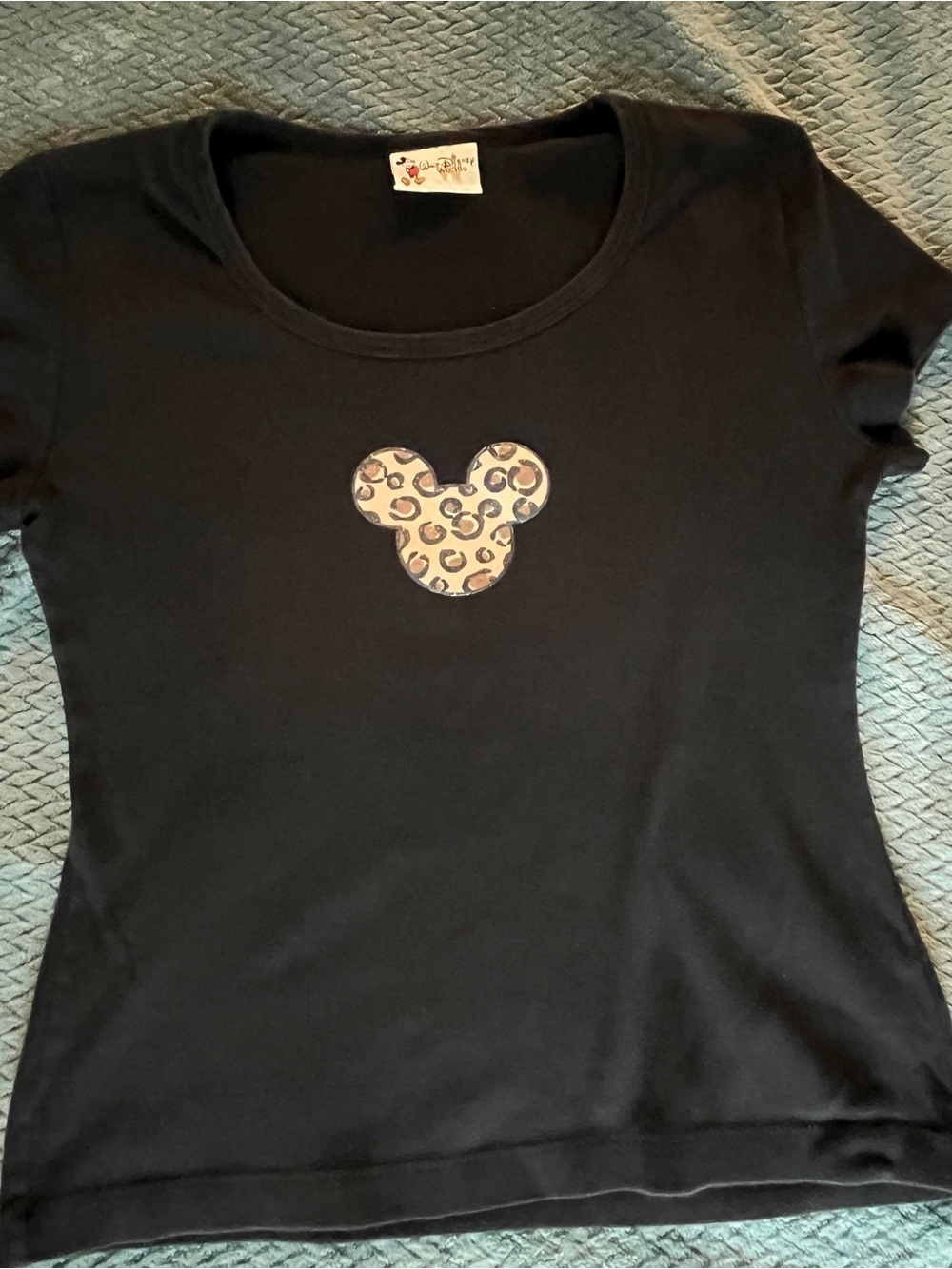 Disney Black Women's Tee with Leopard Print Mickey Appliqué